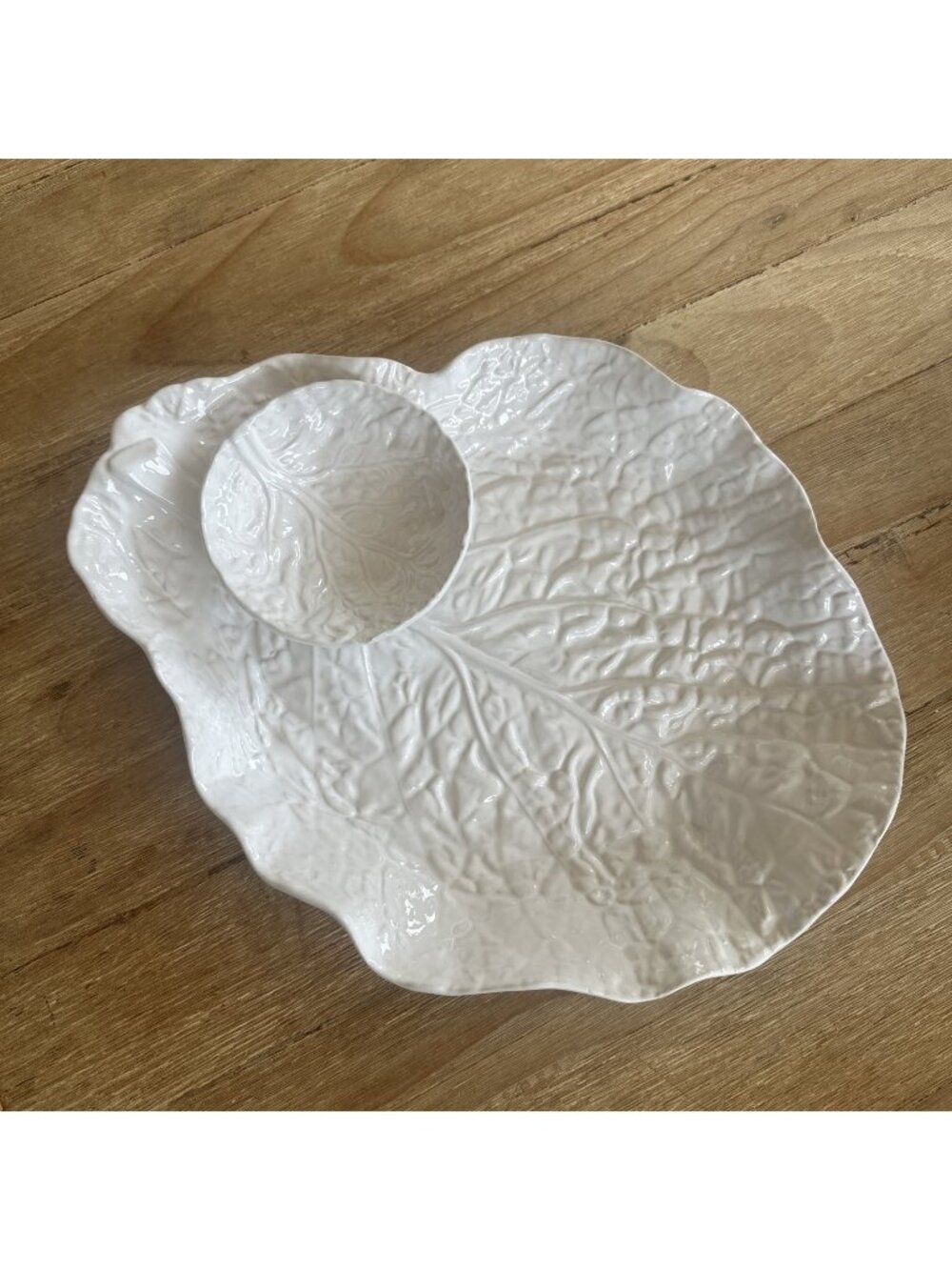 White Cabbage Majolica Bordallo Pinheiro Pottery Serving Platter with Dip Bowl